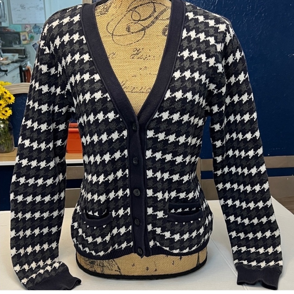 Y2K TOMMY HILFIGER HOUNDSTOOTH COTTON CARDIGAN SWEATER SIZE LARGE BLACK & WHITE